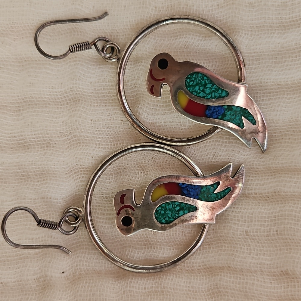 Colorful Parrot Inlay Hoop Drop Earrings - Picture 3 of 8